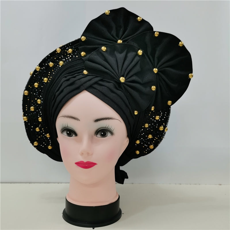 Classic African Head Wrap Auto Gele Headties Women's Turban Hats & Caps Beading Wedding Nigerian Fashion Headbands