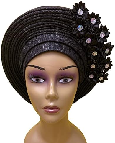 Fashion Nigerian Gele Headties With Stones Women Head Wrap Beaded Lace Already Made Auto African Headtie For Party