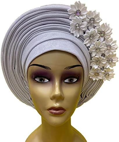 Fashion Nigerian Gele Headties With Stones Women Head Wrap Beaded Lace Already Made Auto African Headtie For Party