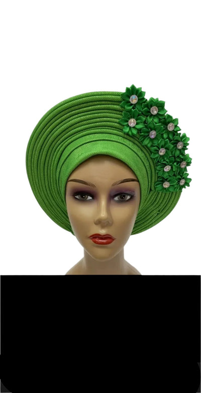 Fashion Nigerian Gele Headties With Stones Women Head Wrap Beaded Lace Already Made Auto African Headtie For Party