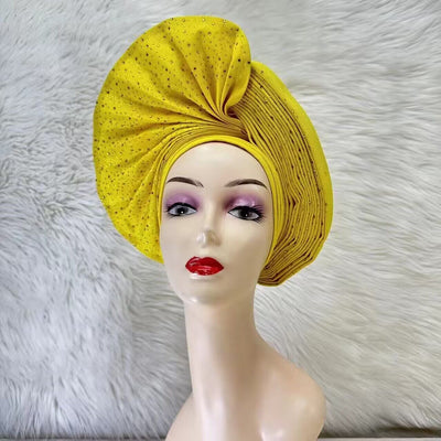 Already Made Nigerian ASO Oke Auto Gele with Stones Women Turban Hat Head Wrap African Headties