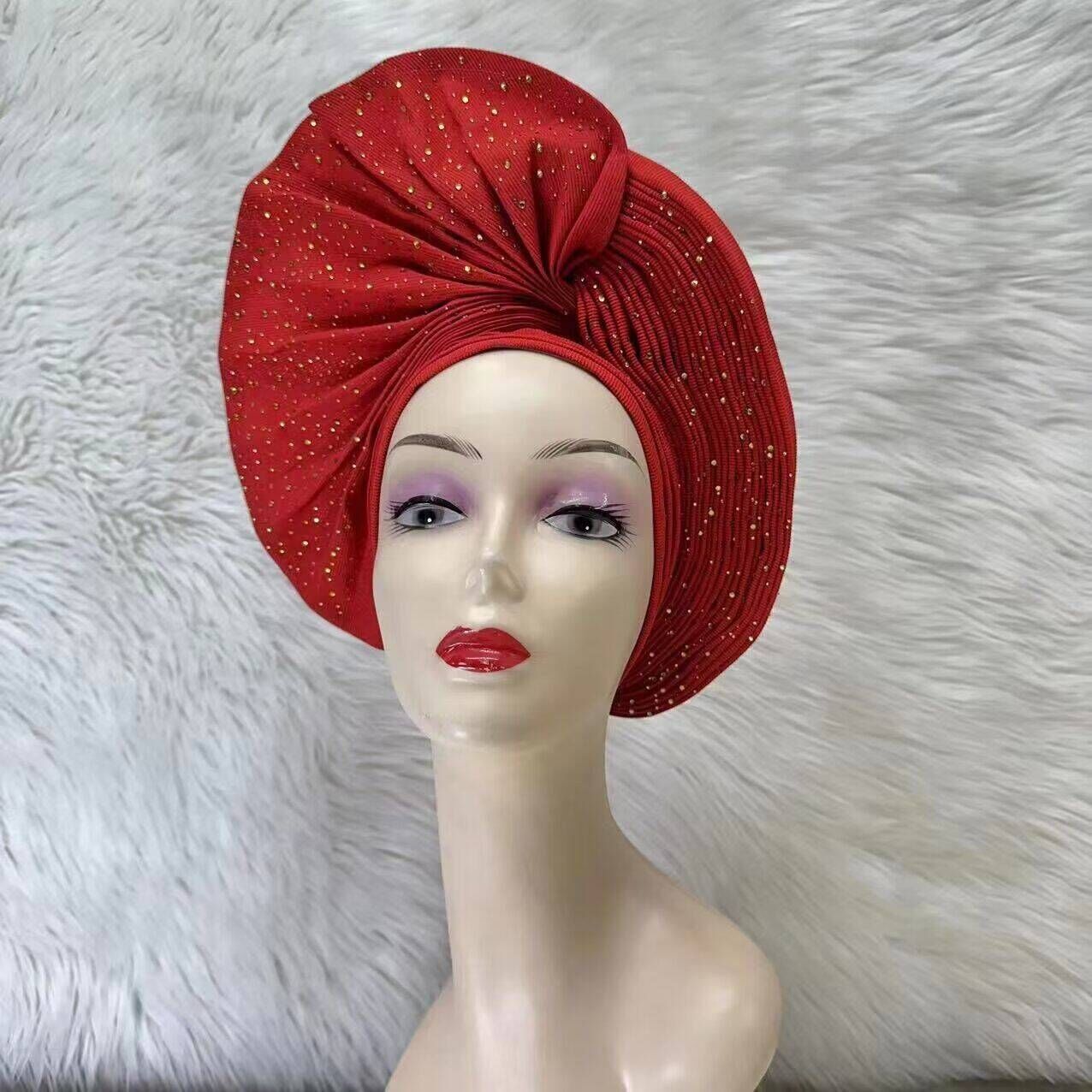 Already Made Nigerian ASO Oke Auto Gele with Stones Women Turban Hat Head Wrap African Headties