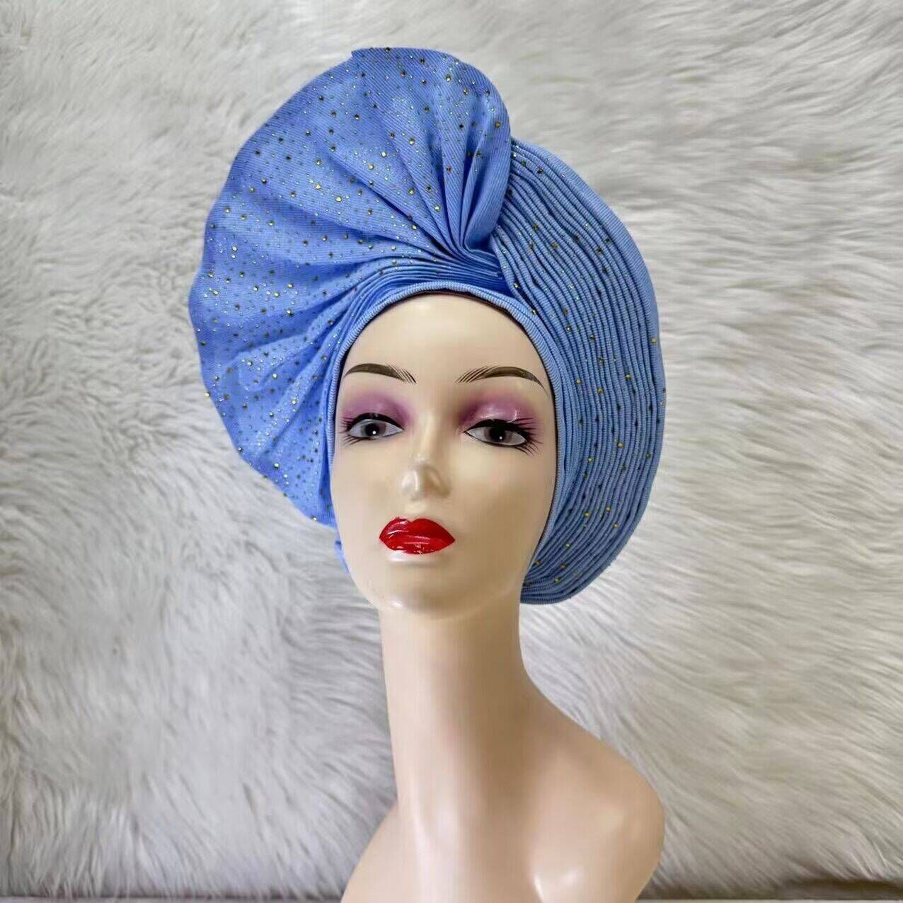 Already Made Nigerian ASO Oke Auto Gele with Stones Women Turban Hat Head Wrap African Headties