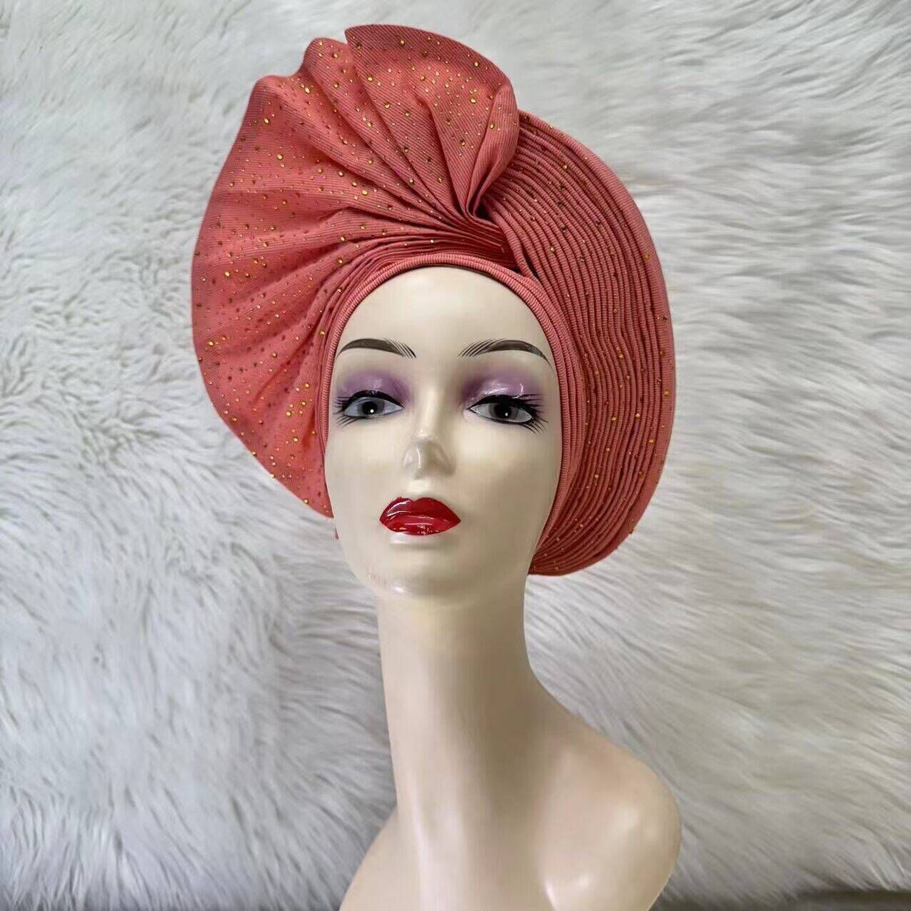 Already Made Nigerian ASO Oke Auto Gele with Stones Women Turban Hat Head Wrap African Headties