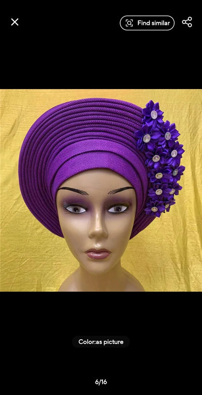 Fashion Nigerian Gele Headties With Stones Women Head Wrap Beaded Lace Already Made Auto African Headtie For Party