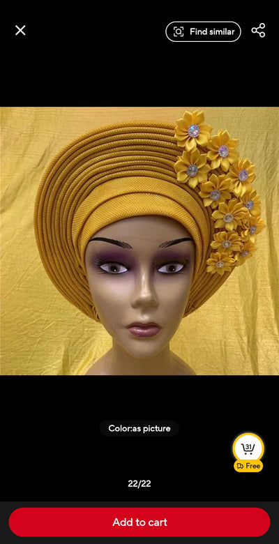 Fashion Nigerian Gele Headties With Stones Women Head Wrap Beaded Lace Already Made Auto African Headtie For Party