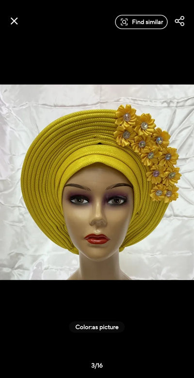 Fashion Nigerian Gele Headties With Stones Women Head Wrap Beaded Lace Already Made Auto African Headtie For Party